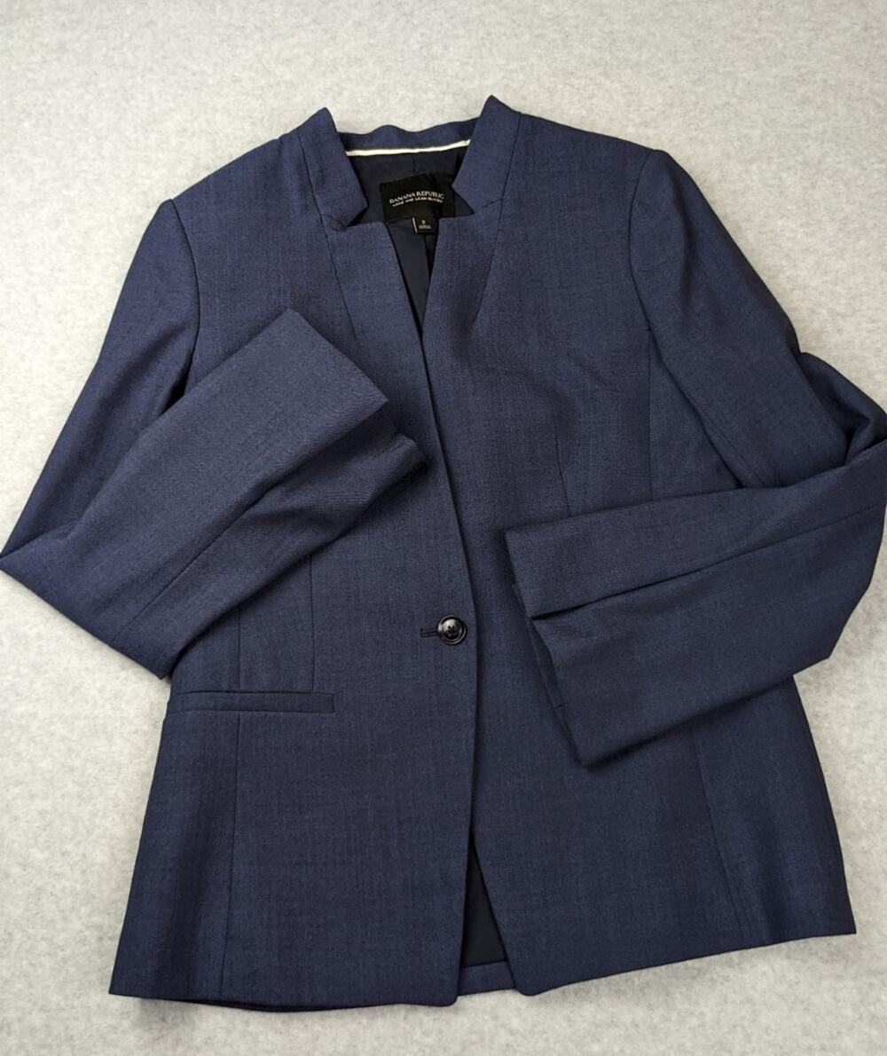 Banana Republic Womens Blazer Long & Lean SZ 2 Blue Wool Blend Slit Bell Sleeve